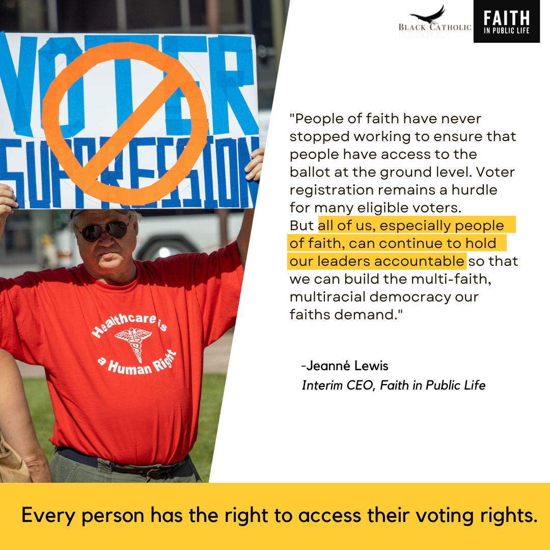 FaithPublicLife's tweet photo. @msjeannelewis @BlkCathStories @RevJenButler Our Interim CEO @msjeannelewis knows first hand the ongoing fight for voting rights. Her grandfather worked at his parish to organize against unconstitutional literacy tests.

“50 years later, we are still facing unjust &amp; immoral attacks on our democracy.” https://t.co/1WcehwSz5V https://t.co/ZuRWynVnfL