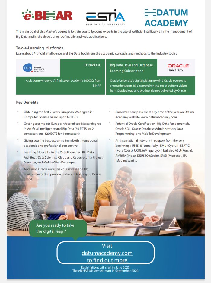 MAElmahfoudi's tweet photo. 🗣️ Places limitées!
Le programme MSc #eMBDS : #Économie_des_données est conçu en mettant l'accent sur le développement d'applications dans l'économie des données.
⚡https://t.co/2xDNr20XSF
⚡https://t.co/PoHbcvLTWH
⚡Pour valider votre éligibilité : contact@expert-consulting.ma https://t.co/3aroTUm9IZ