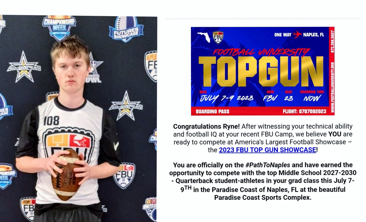 Ryne Olsen (@olsenryne) on Twitter photo Grateful to have received my ticket to #FBUTopGun after a great camp in Austin, TX!
Thank you <a href="/stevequinnFBU/">steve quinn</a> <a href="/AWilliamsUSA/">Anthony Williams</a>
#FBU
#GetBetterHere
#PathToNaples
#Quarterback
#ClassOf2027 Grateful to have received my ticket to #FBUTopGun after a great camp in Austin, TX!
Thank you <a href="/stevequinnFBU/">steve quinn</a> <a href="/AWilliamsUSA/">Anthony Williams</a>
#FBU
#GetBetterHere
#PathToNaples
#Quarterback
#ClassOf2027