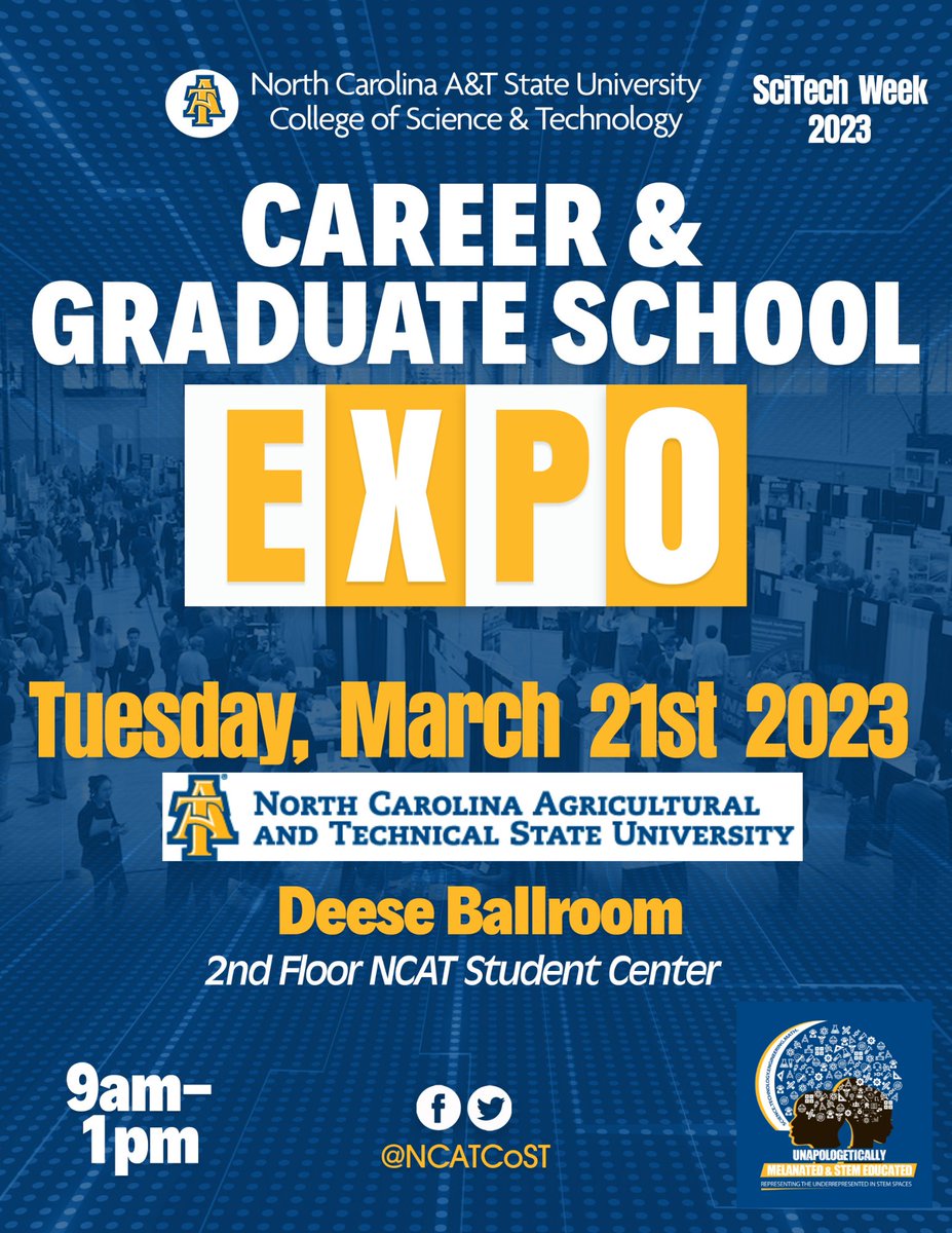 ncatocs's tweet image. Science and Technology AGGIES, it's your time to shine! Register now to attend the SciTech Week: Career/Graduate School Expo, hosted by CoST! Click here to register: ow.ly/9FLu50Nbq6p
#ncatcost #ncat22#ncat23 #ncatsga #ncatsuab #ncatcop