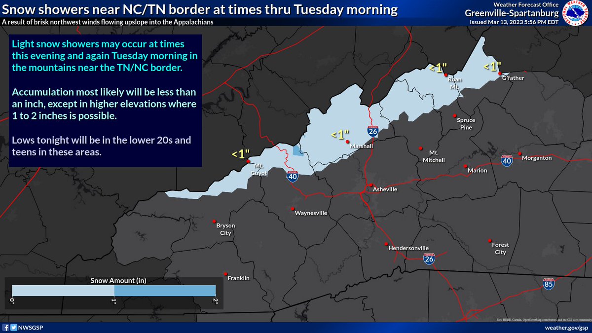 A few ❄️flurries ❄️are already flying in the mountains near the NC/TN border. Light snow showers may continue thru the evening. They may taper off for a time overnight before returning Tuesday morning. Minor accumulations possible-- drive carefully!  #ncwx