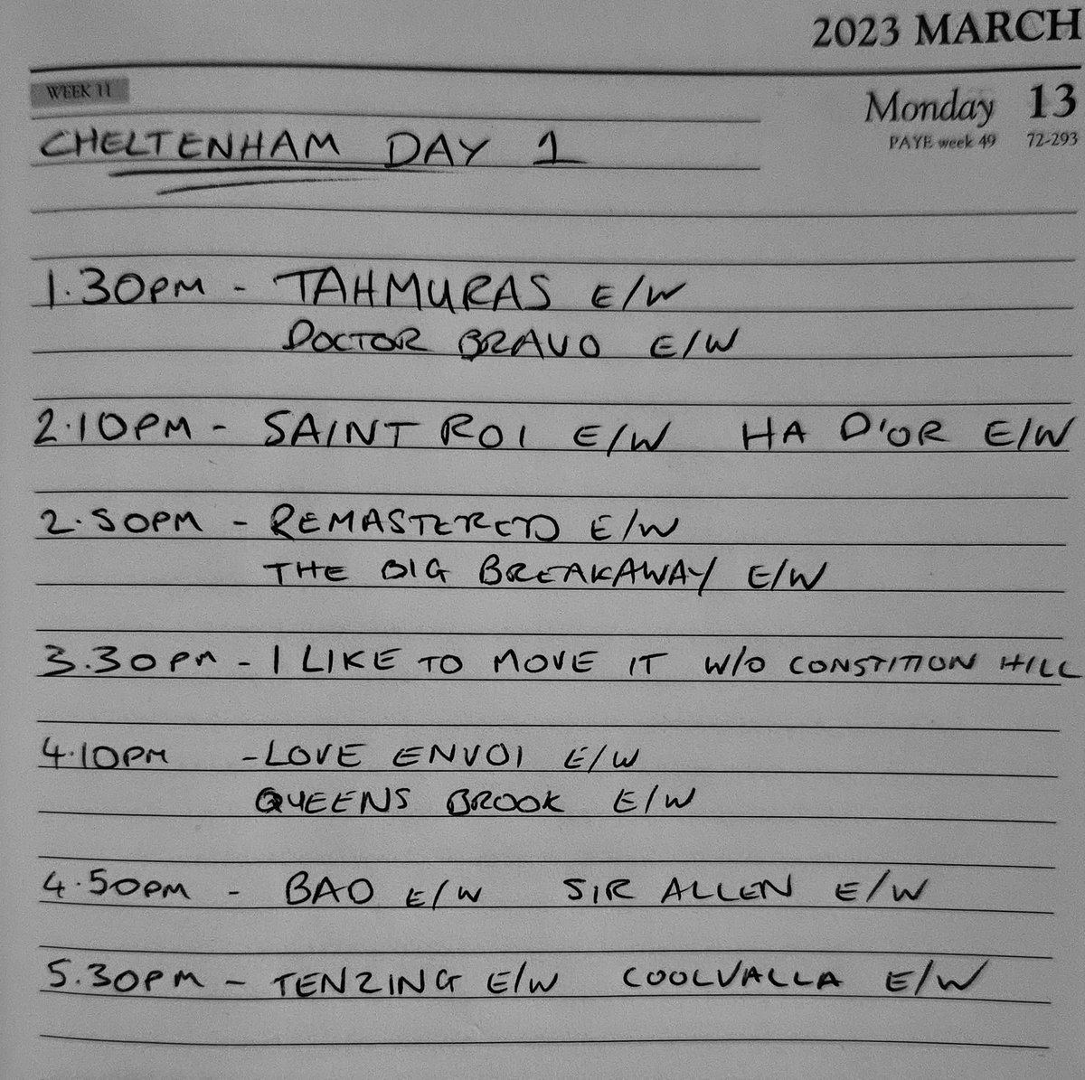 🐎 Cheltenham Festival 2023 Day 1! 

#JackosJockeys is back!!

I don't do favourites... I look for decent odds who I think have a chance of placing... Or winning! 🤞🏼

Let's do this! 🐎🐎🐎

#CheltenhamFestival #Cheltenham2023 #HorseRacing