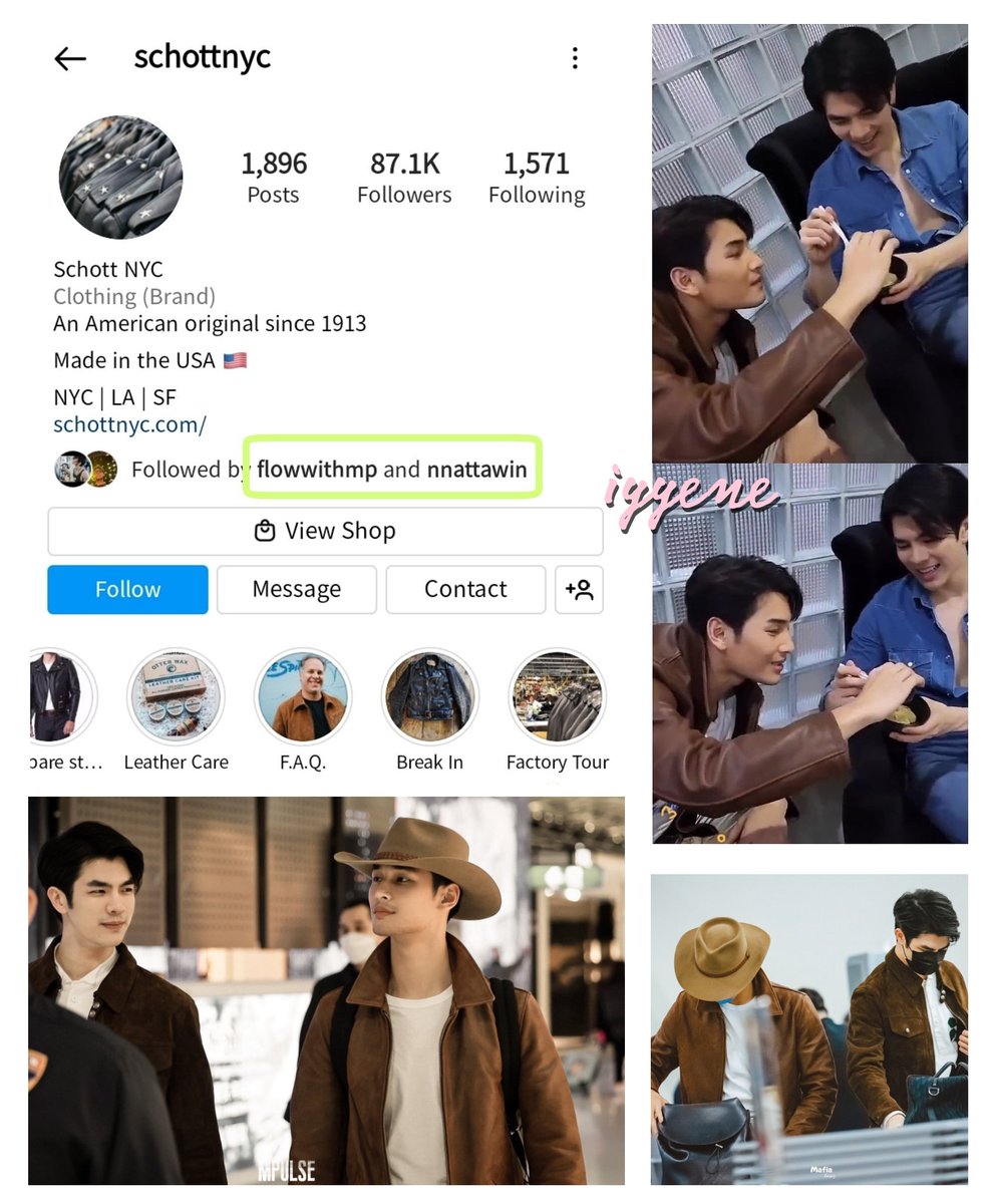 • Apo wore this leather jacket from Schott NYC
• Mile followed schottnyc on the same day
• probably they talked abt po's jacket?
• maybe Mile liked it too so he followed it
• Apo wore this jacket again to Korea
• note: it's a gift from a fan💛

🍒🥐 #Nnattawin #MilePhakphum
