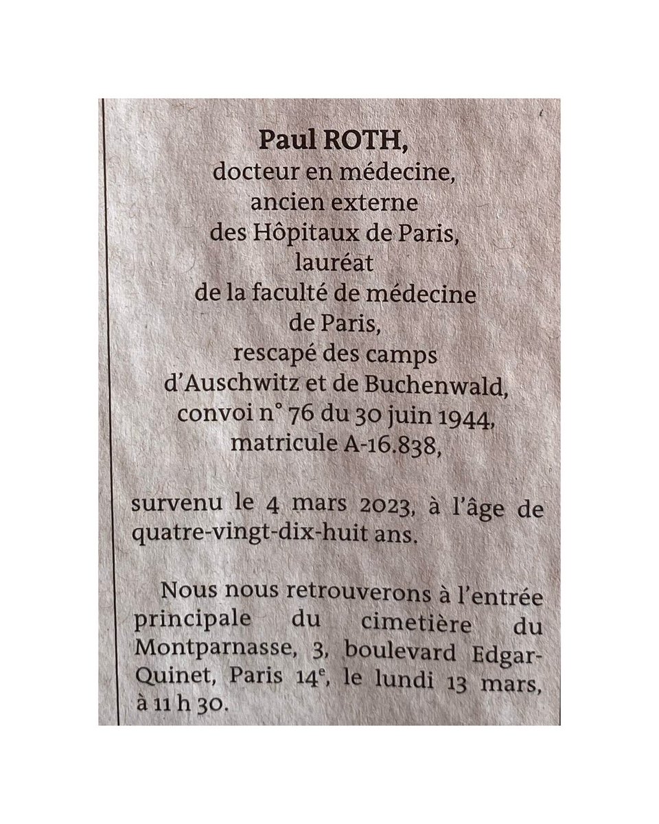 Louison_A's tweet photo. Aujourd’hui nous avons enterré Paul Roth, médecin, sculpteur, père, (arrière)grand-père, et petit frère de ma grand-mère.
Il avait 98 ans et un numéro toujours inscrit sur le bras gauche.
Ils ne sont plus très nombreux à avoir cette marque de l’indicible. Ne les oublions jamais. https://t.co/hITv1UVM9e