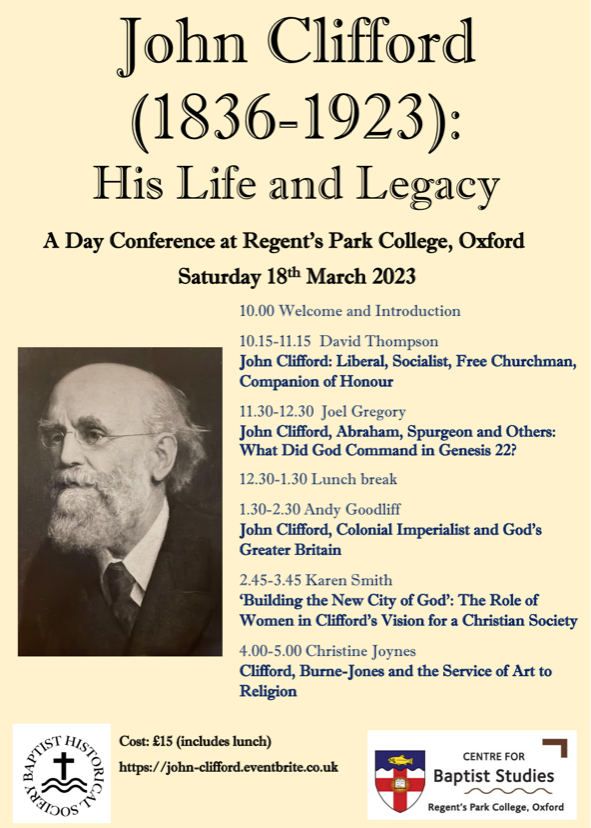 Centre for Baptist Studies, Oxford (@CBSOxford) on Twitter photo 2023-03-13 22:16:42 There's still time to book for our conference THIS SATURDAY on John Clifford (1836-1923): His Life and Legacy @RegentsOx @theglenmarshall @wctgardiner There's still time to book for our conference THIS SATURDAY on John Clifford (1836-1923): His Life and Legacy @RegentsOx @theglenmarshall @wctgardiner