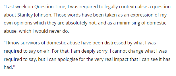 Lessons from Fiona Bruce is gaslighting. Let's look at what she's done here: 1) She has played the victim. She insists that she had to 'legally contextualise' the remarks about Stanley Johnson. Not like *that* she didn't. 1/8