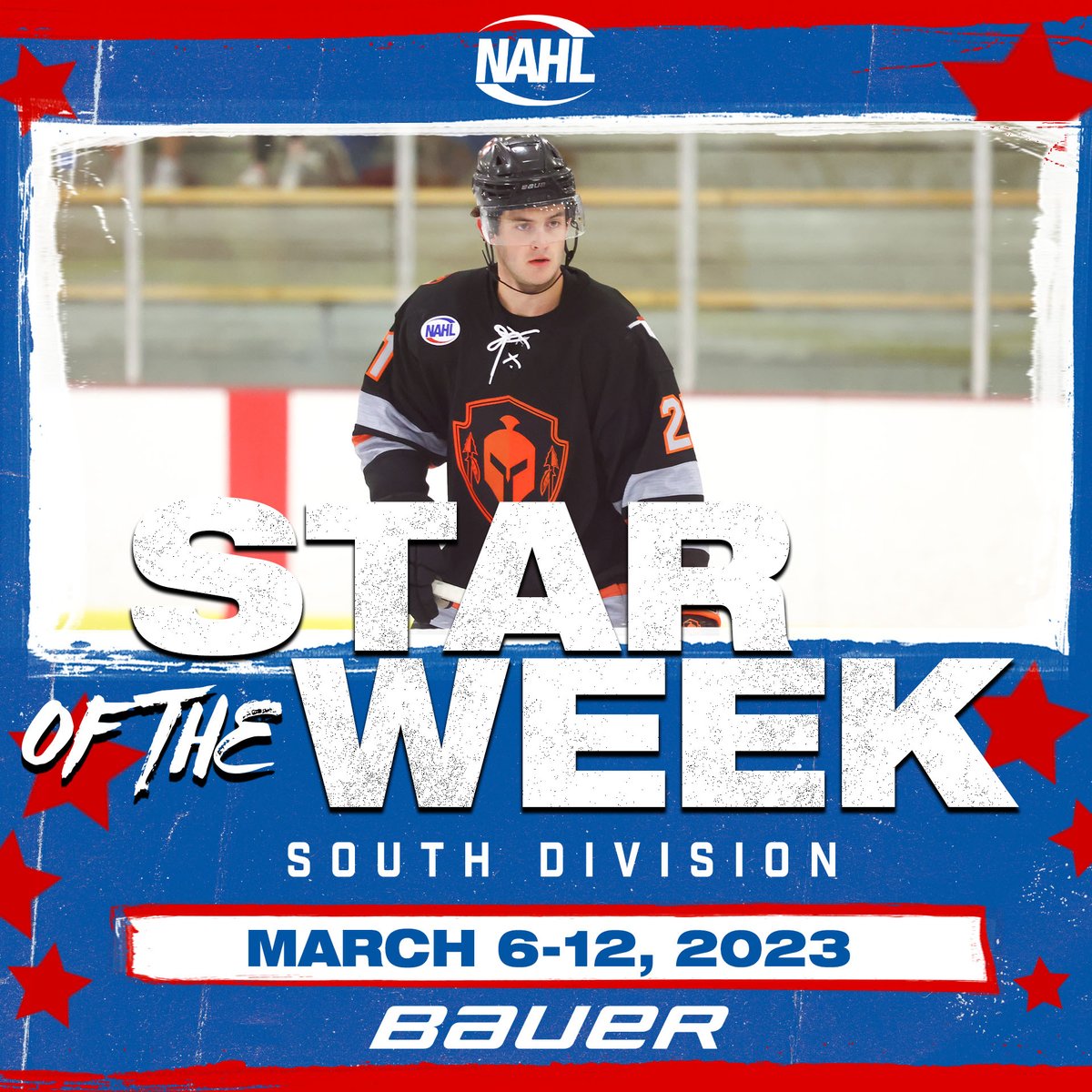 NAHLHockey's tweet photo. #NAHL @BauerHockey South Division Star of the Week for March 6-12, 2023: Therien Thiesing, Defenseman, @OkWarriors_NAHL https://t.co/DZqrGPWpyb https://t.co/3WIhFPub5U