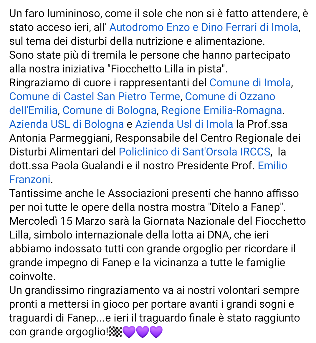 fanep_onlus's tweet photo. Un faro lumininoso, come il sole che non si è fatto attendere, è stato acceso ieri, all'Autodromo Enzo e Dino Ferrari di Imola, sul tema dei disturbi della nutrizione e alimentazione.
💜
#fanep #fiocchettolilla #dca #dna #15marzo https://t.co/FnqOgjiN4Q