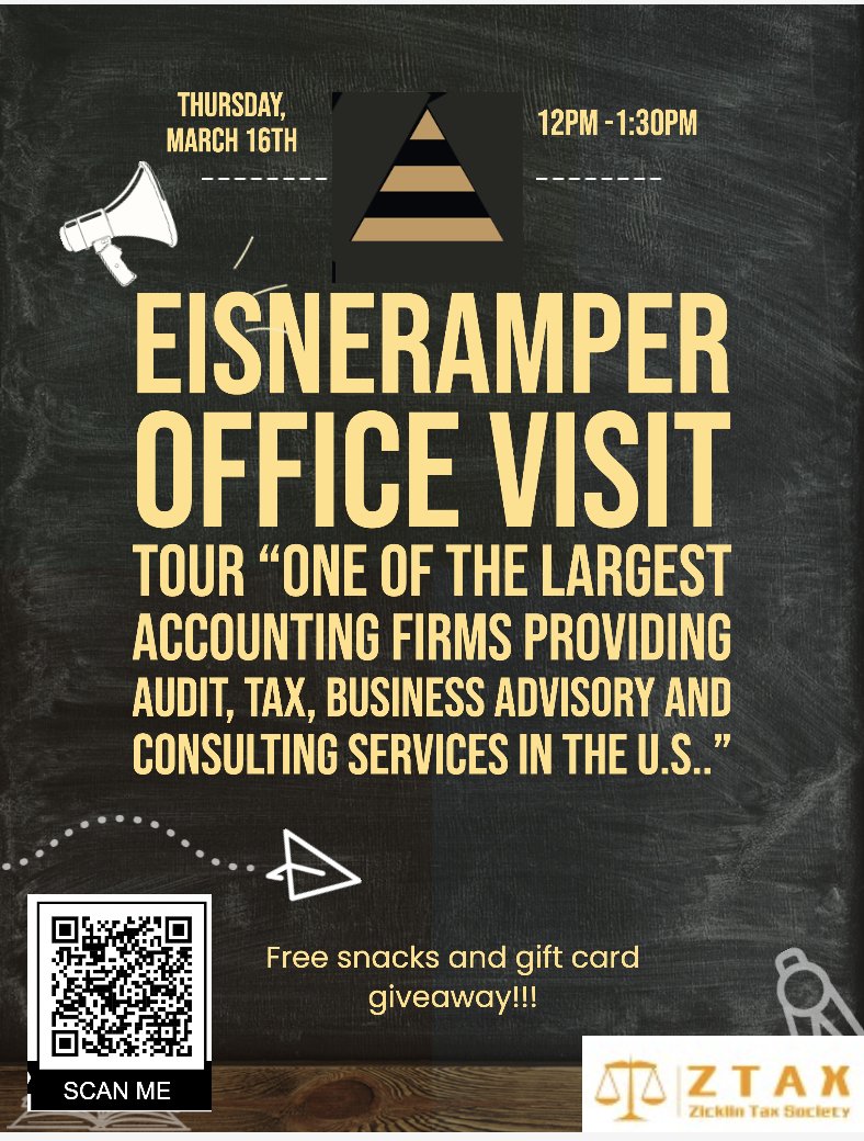 BaruchZGTS's tweet photo. Hello, everyone!

Join us this Thursday, March 16th, between 12 and 130PM EST, on a trip to EisnerAmper's office!

To attend, please scan the QR Code and sign up via Handshake today! https://t.co/QYrYUg4ff4