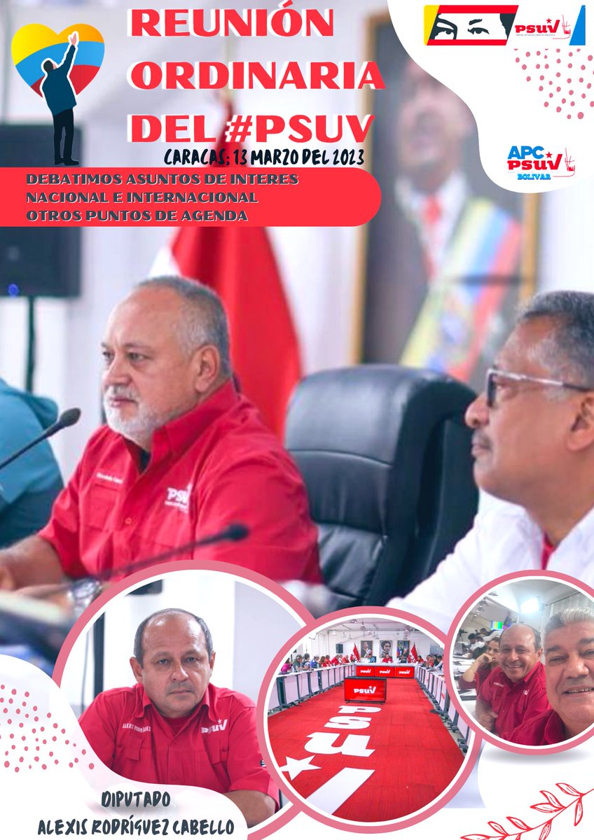 En reunión ordinaria del <a href="/PartidoPSUV/">PSUV</a> se debatieron temas de interés nacional e internacional además de otros puntos de agenda para avanzar con nuestra militancia en las regiones 
<a href="/NicolasMaduro/">Nicolás Maduro</a>
<a href="/dcabellor/">Diosdado Cabello R</a>
<a href="/jorgerpsuv/">Jorge Rodríguez</a>
<a href="/alexroca1/">Alexis Rodriguez C.</a> 
<a href="/JuventudPSUV/">Juventud PSUV</a> 
<a href="/FidelVasquzPSUV/">FIDEL E. VASQUEZ I.</a>  
<a href="/SierraCarlosVEN/">CARLOS SIERRA</a>