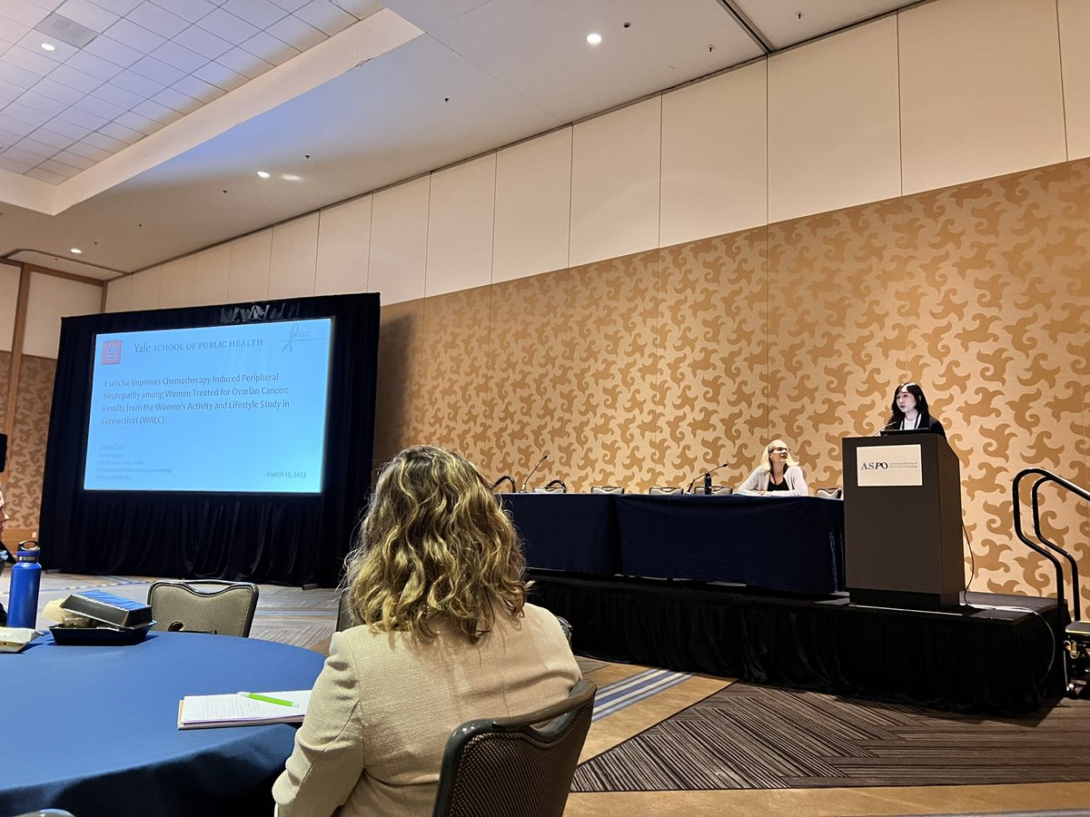 Absolutely loved watching <a href="/anlan_cao/">Anlan Cao</a> share findings from @mirwin_yale’s WALC study showing a physical activity intervention can help improve chemotherapy induced peripheral neuropathy among ovarian cancer patients #ASPO2023 <a href="/ASPrevOnc/">American Society of Preventive Oncology (ASPO)</a> #YaleCDE