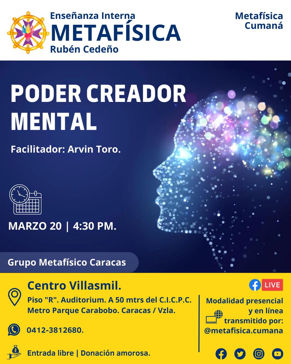 MetafisiCaracas's tweet photo. Metafísica-Rubén Cedeño

Facebook: https://t.co/7BzCf4xuxD
YouTube: https://t.co/A5Nf9fqIyS
Instagram: https://t.co/Ys9kk8C9fU

#Metafísica #RubenCedeño #mentepositiva #Lunes #marzo #HOY #rayodorado #caracas #Venezuela #Metarvinsley #grupometafisicocaracas  #venezuelametafisica https://t.co/BO6O1klT4p