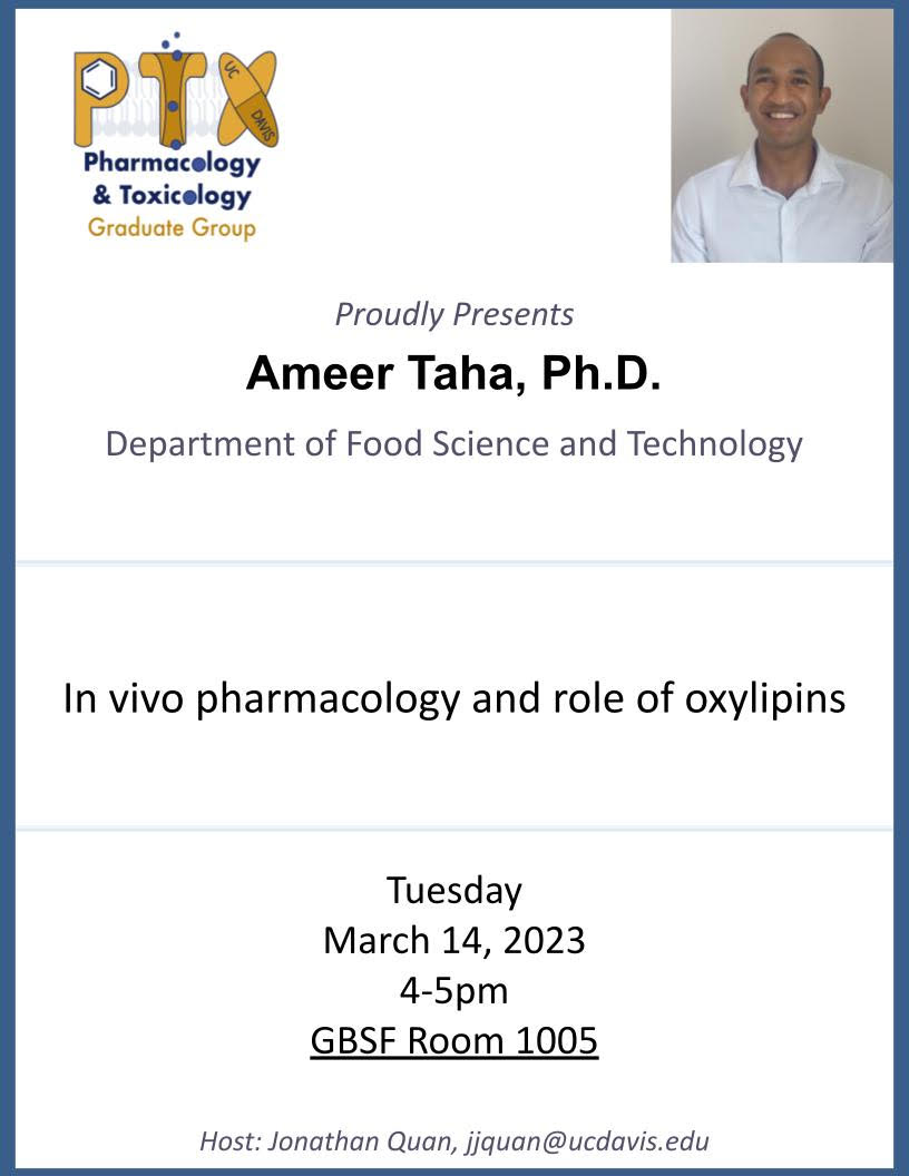 Please join us tomorrow, March 14th, for our #seminarseries with faculty Dr. Ameer Taha titled 'In vivo pharmacology and role of oxylipins.' This is the last seminar of winter quarter, and the talk will start at 4pm in GBSF 1005. See you there!