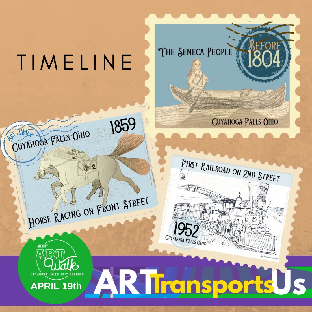 Horse Racing on Front Street? You Bet! Well, in 1859 that is. Follow our timeline highlights as our student artists share innovations made in transportation in our area. 
It all started before 1804 when the Seneca people traveled by kayak &amp; canoe.
