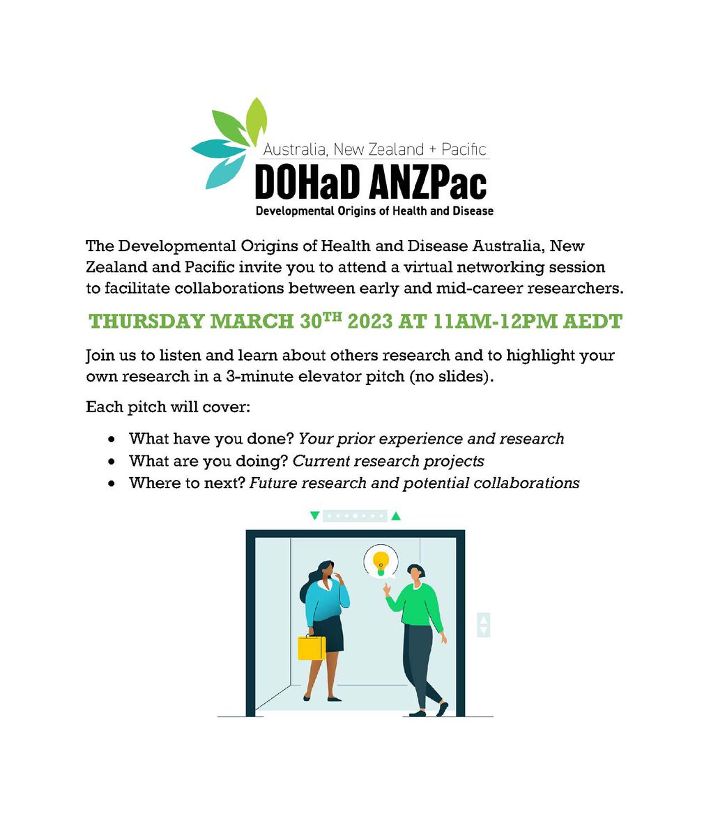 Nat Hyde (@nat_hyde) on Twitter photo As the ECR rep for <a href="/ANZDOHaD/">DOHaD Society of ANZ</a> I encourage and invite you to join us for a virtual networking session. The event is targeted at EMCRs but is open to researchers of all career stages with an interest in DOHaD research. Register at forms.gle/L1kDc6gBZVbjbF… by Friday 24th March 2023. As the ECR rep for <a href="/ANZDOHaD/">DOHaD Society of ANZ</a> I encourage and invite you to join us for a virtual networking session. The event is targeted at EMCRs but is open to researchers of all career stages with an interest in DOHaD research. Register at forms.gle/L1kDc6gBZVbjbF… by Friday 24th March 2023.