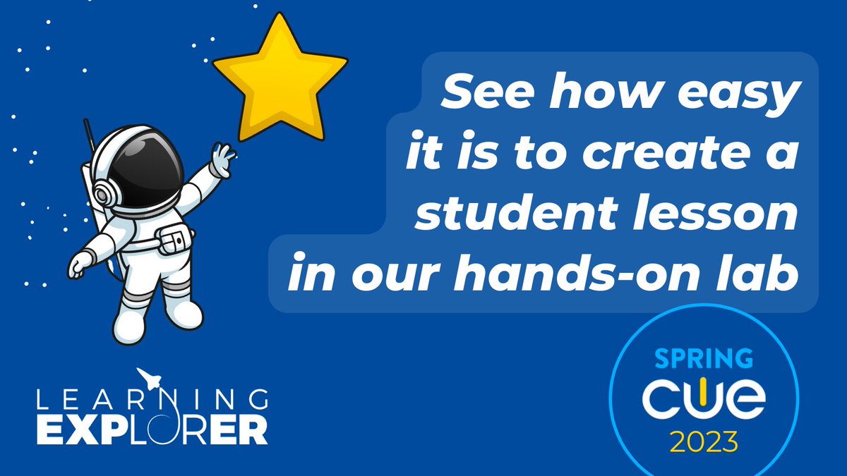 Check out the Learning Explorer hands-on lab this week at #CUE2023!

#WeAreCUE #SpringCUE #CUE #edchat #edutwitter #handson #digitallearning