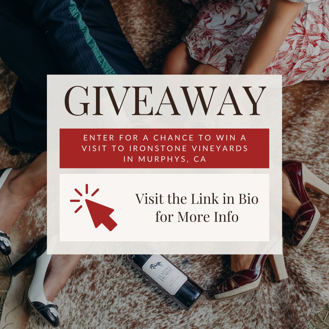 leapinghorse's tweet photo. GIVEAWAY | Enter to win a trip for two to visit our sister winery, Ironstone Vineyards!⁠
⁠
Winners will enjoy a 2-night stay in Murphys, CA and a private tour and tasting at Ironstone Vineyards! Enter now through the link in our bio!⁠
⁠
TO ENTER: https://t.co/z5bUebbThq https://t.co/aAUhE5Pxbg