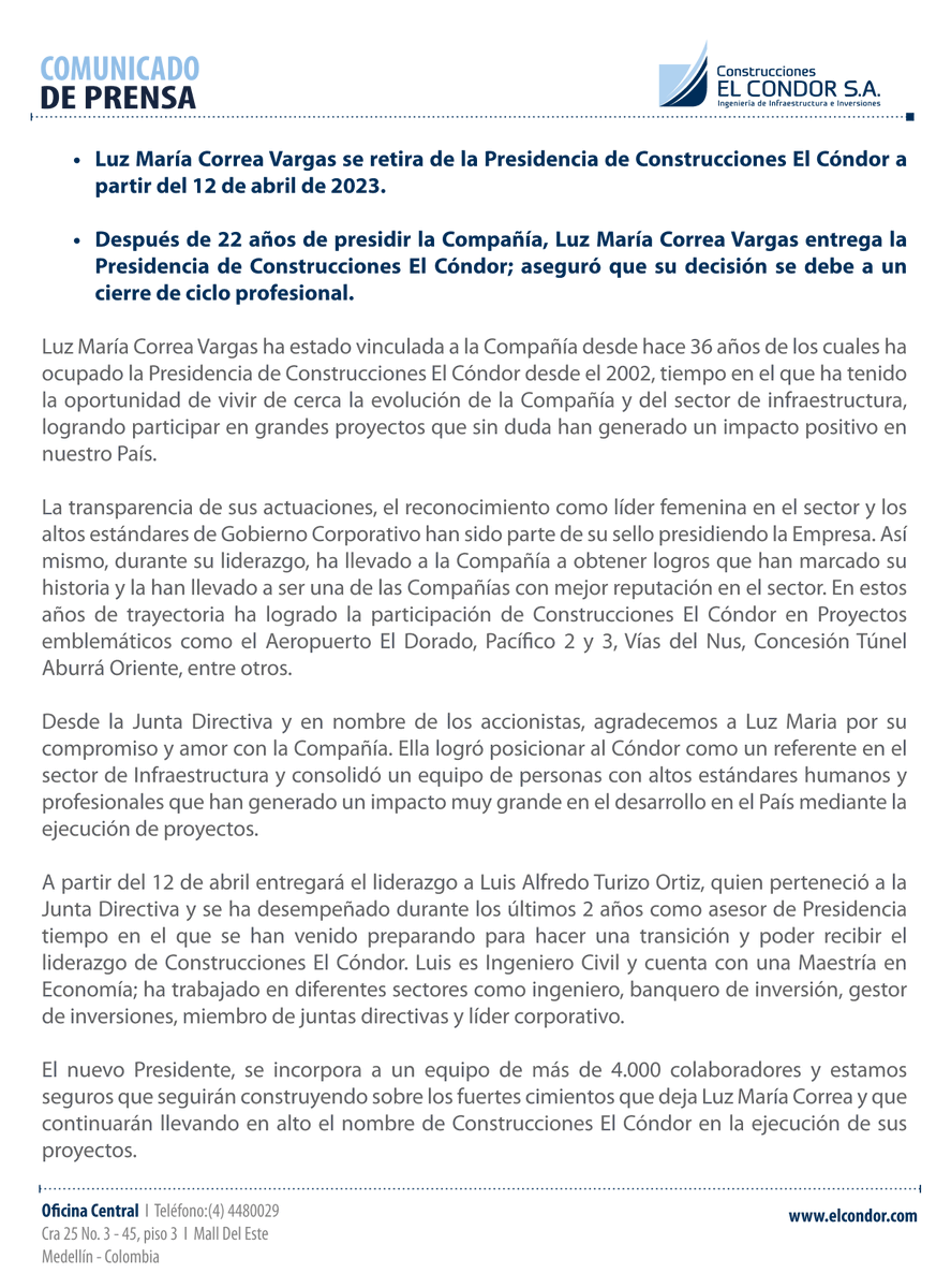 C_ElCondor's tweet photo. #ComunicadoPrensa | Después de 22 años de presidir la Compañía, Luz María Correa entrega la Presidencia de Construcciones El Cóndor; aseguró que su decisión se debe a un cierre de ciclo profesional. https://t.co/5u04fdeAMV