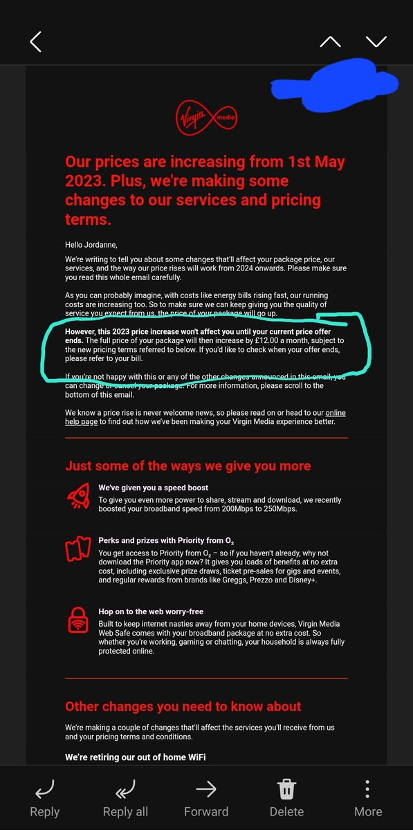 JBOOTH19972010's tweet photo. @virginmedia received this email on 28/02/23 which states the price increase won't affect me until my current price offer ends (bill says 2024). Why are your customer service agents and complaints agents saying my bill is increasing by £12 from May then? https://t.co/MWUNMPFOzp