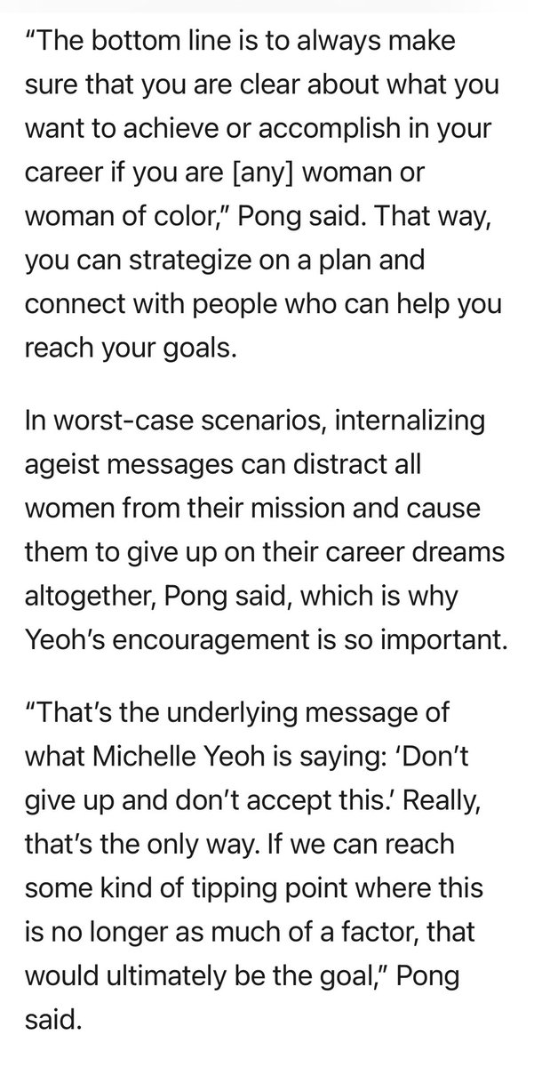 #MichelleYeoh in her #Oscars acceptance speech: “Ladies, don’t let anybody tell you you are ever past your prime. Never give up.” 👏🏿 Cynthia Pong @EmbraceNYC drops gems about how this applies to #WOC in their careers in @HuffPost @HuffPostWomen