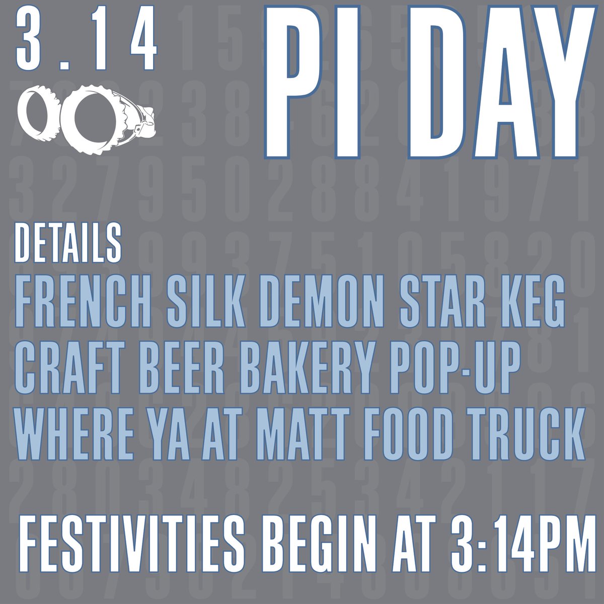 postdocbrewing's tweet photo. #PiDay is back and you know we have the festivities! 🤓
At 3:14pm, we’ll be tapping a special keg of French Silk Demon Star and we invited our friends at Craft Beer Bakery and Where Ya At Matt to celebrate! 🧮
Pair a pint with Pi Day tomorrow! 🍻
#PostdocBrewing #PostdocLife https://t.co/5FWcAFlqaP