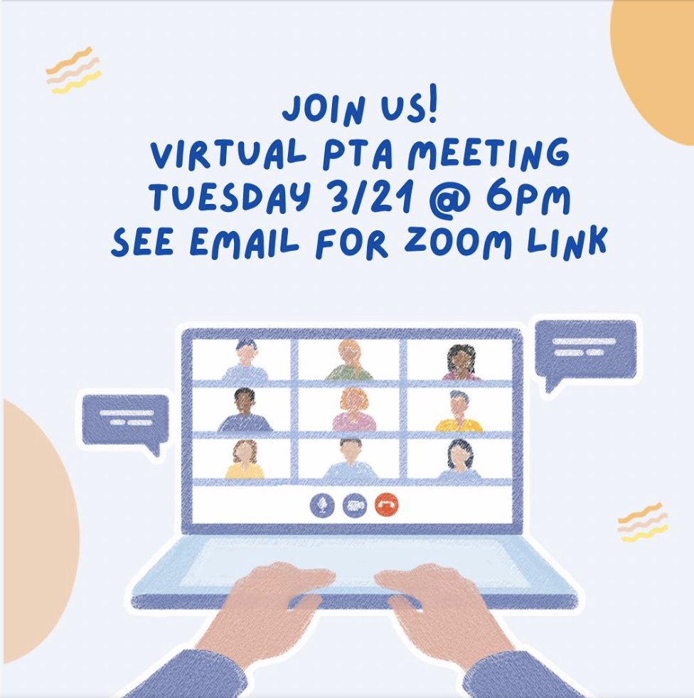 Please join us Tuesday 3/21 at 6pm for our monthly PTA meeting!