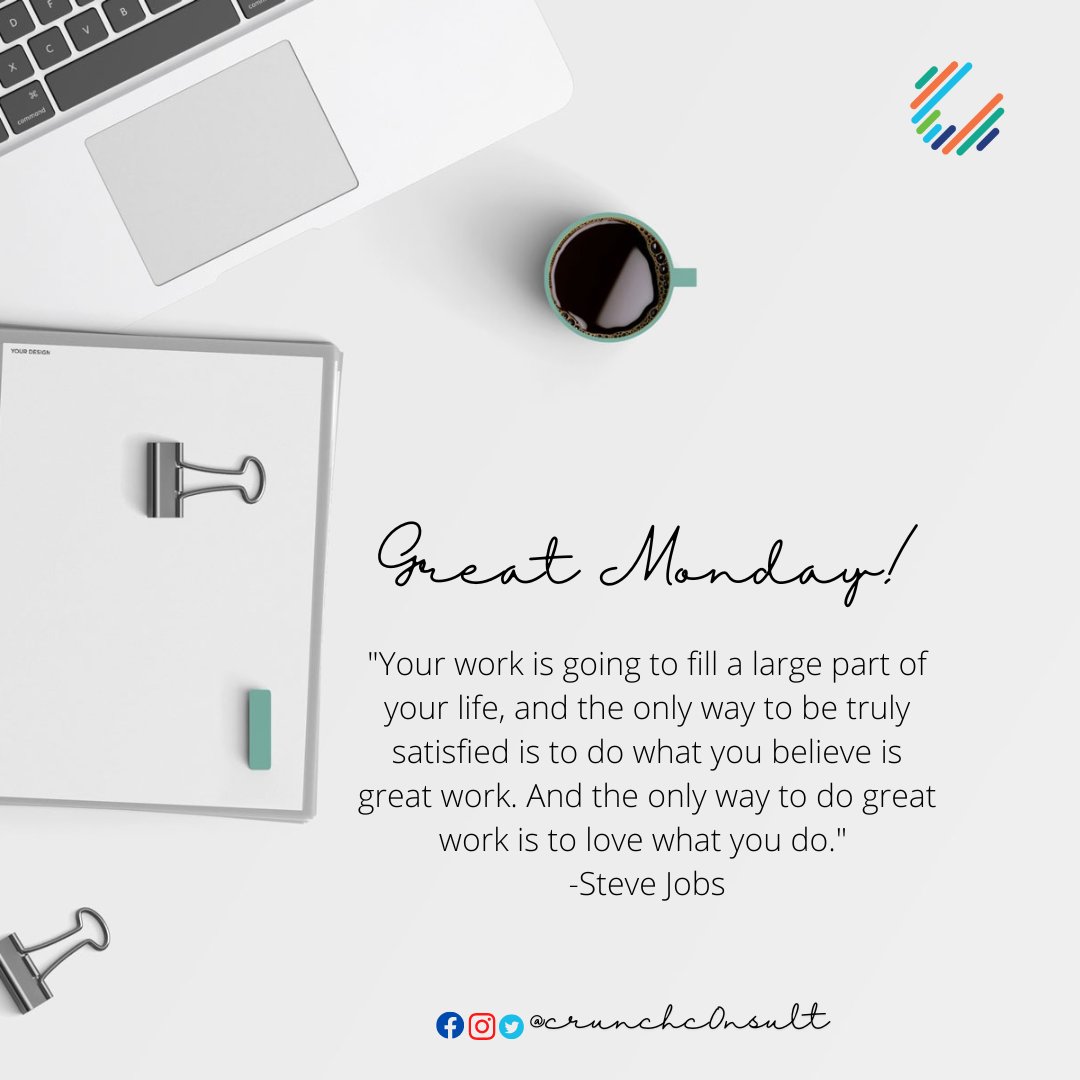 crunchc0nsult's tweet image. Happy Monday! 

Fulfillment in the work we do is crucial for happiness and productivity. Pursue something that aligns with our values, passions, and strengths to find fulfillment.

#WeCrunchNumbers #CrunchConsult