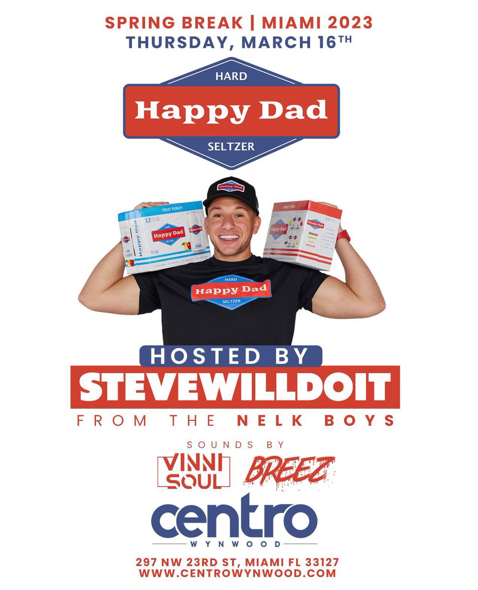Centro Wynwood (@centrowynwood) on Twitter photo This Thursday, <a href="/happydad/">Happy Dad - Hard Seltzer & Iced Tea</a> x <a href="/nelkboys/">Nelk Boys</a> takeover #CentroWynwood hosted by <a href="/stevewilldoit/">Steve Will Do It</a> 🔥 ! <a href="/djvinnisoul/">DJ Vinni Soul</a> This Thursday, <a href="/happydad/">Happy Dad - Hard Seltzer & Iced Tea</a> x <a href="/nelkboys/">Nelk Boys</a> takeover #CentroWynwood hosted by <a href="/stevewilldoit/">Steve Will Do It</a> 🔥 ! <a href="/djvinnisoul/">DJ Vinni Soul</a>