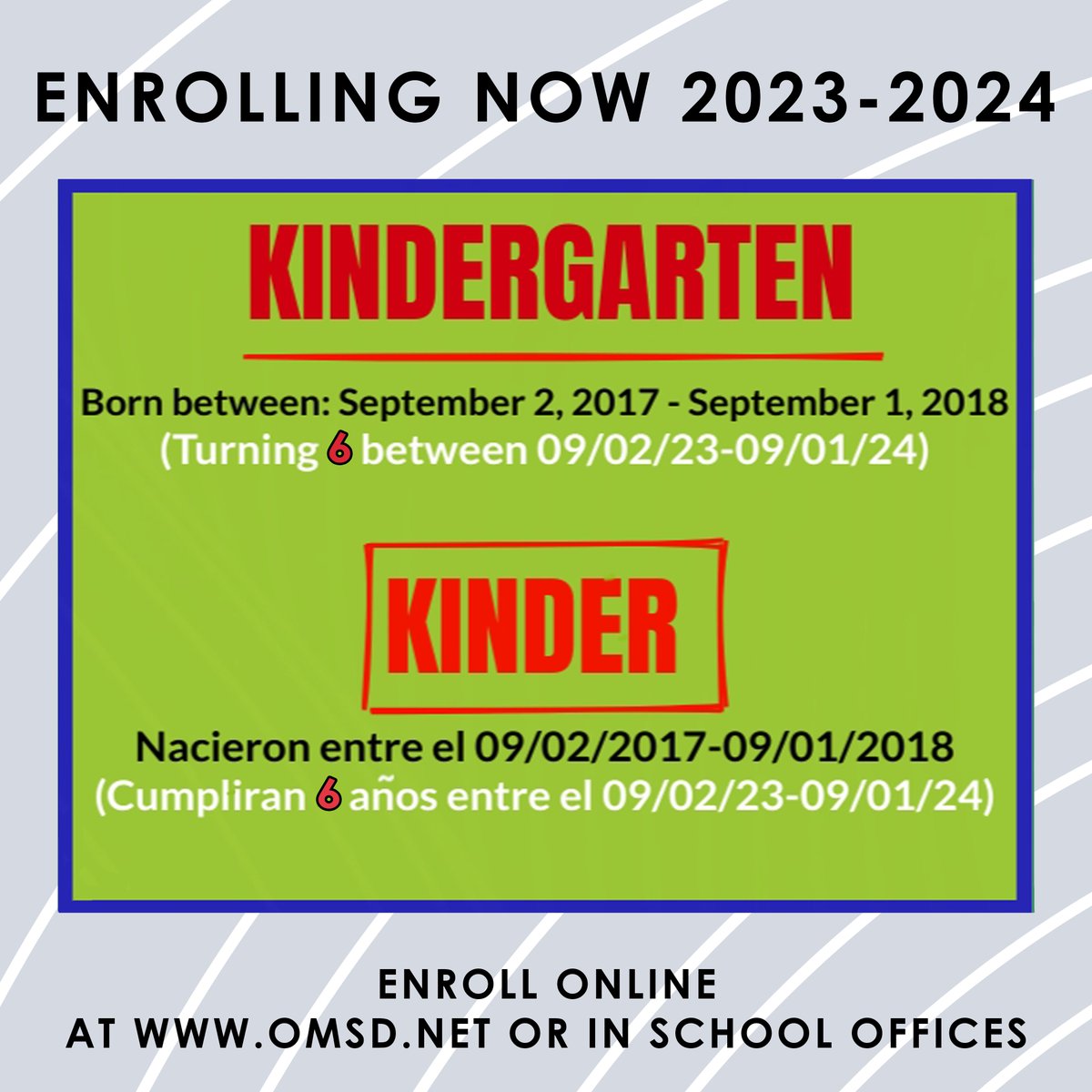 TK-Kinder Enrollment is now open - OMSD is now enrolling for 2023-2024 school year.

La inscripción para TK-Kinder ya está abierta - OMSD ahora está inscribiendo para el año escolar 2023-2024.