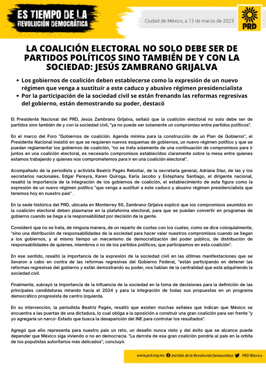 PRDMexico's tweet photo. La coalición electoral no sólo debe ser de partidos políticos sino también de y con la sociedad: @Jesus_ZambranoG https://t.co/RJ8IWo9C1M