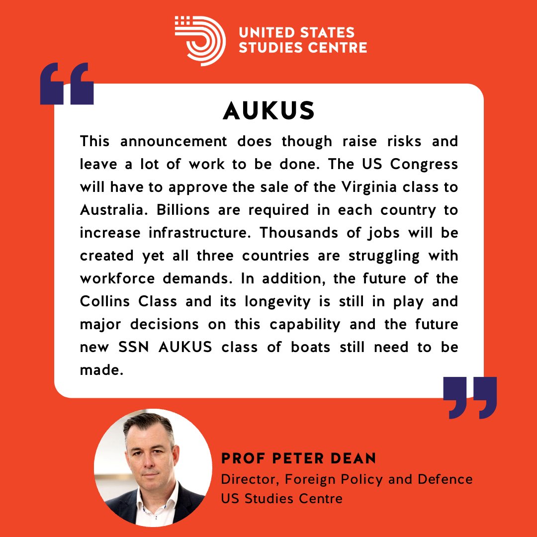 USSC's tweet image. #ExpertTalks | This is one of the most ambitious defence capability pacts in history, says @USSC's Prof Peter Dean. The decision by US to sell three, &amp;amp; possibly five, Virginia class #submarines to AU is a massive commitment by the US to supporting one of its key allies. #AUKUS