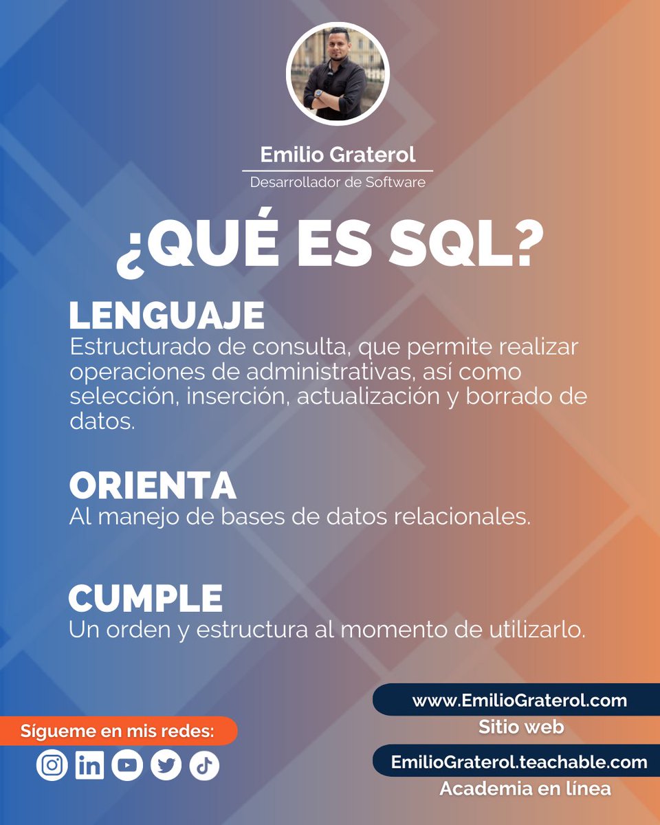 graterolz's tweet image. 🔴 ¿𝗤𝘂𝗲́ 𝗲𝘀 𝗦𝗤𝗟?
Lenguaje de 𝗰𝗼𝗻𝘀𝘂𝗹𝘁𝗮 que se utiliza como una 𝗶𝗻𝘁𝗲𝗿𝗳𝗮𝘇 para comunicarse con una 𝗯𝗮𝘀𝗲𝘀 𝗱𝗲 𝗱𝗮𝘁𝗼𝘀 y acceder o manipular la información almacenada.
#SQL #SQLServer #sql2023 #programador #programacion