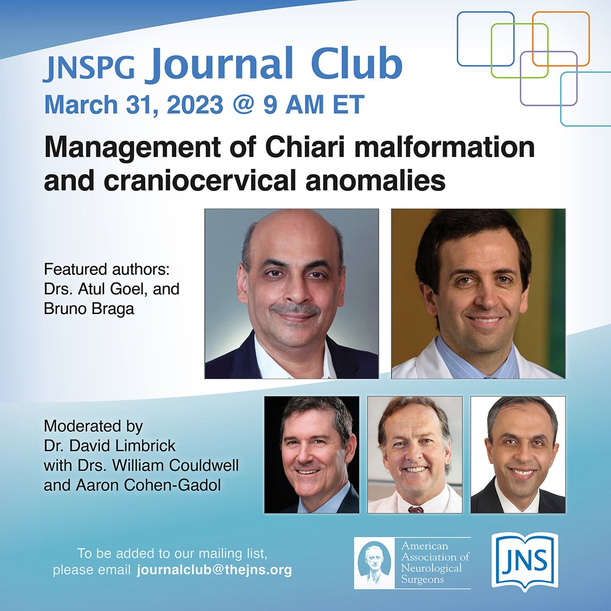 #JNSJournalClub Don’t miss the next event!! March 31, 9:00-10:00 a.m. ET (USA)
Issue topic:  Management of Chiari malformation and craniocervical anomalies 

Neurosurgical Atlas attendee link:

us02web.zoom.us/webinar/regist…
