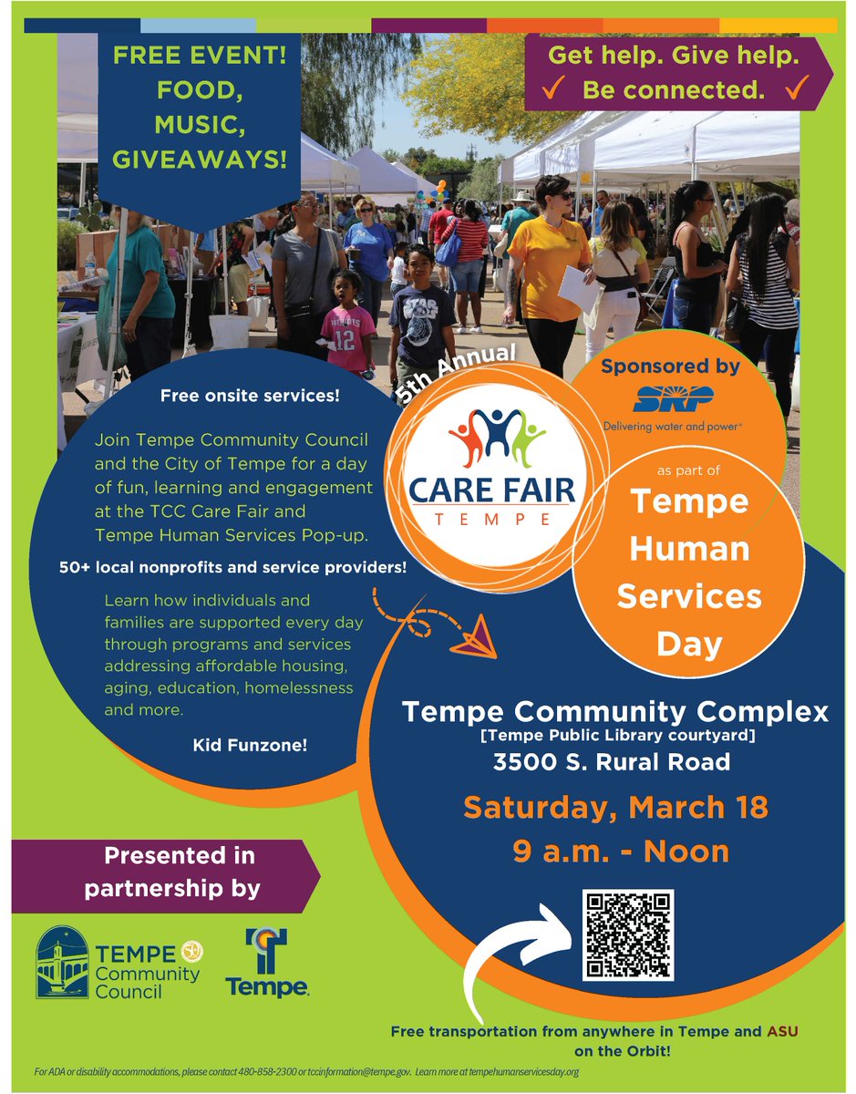 Join us at Care Fair Tempe this Saturday, March 18th from 9am-12pm at the Tempe Community Complex. Explore what resources are available to you from over 50 nonprofits and connect with those who care.

#SafeKidsStrongFamilies #TempeHumanServicesDay
