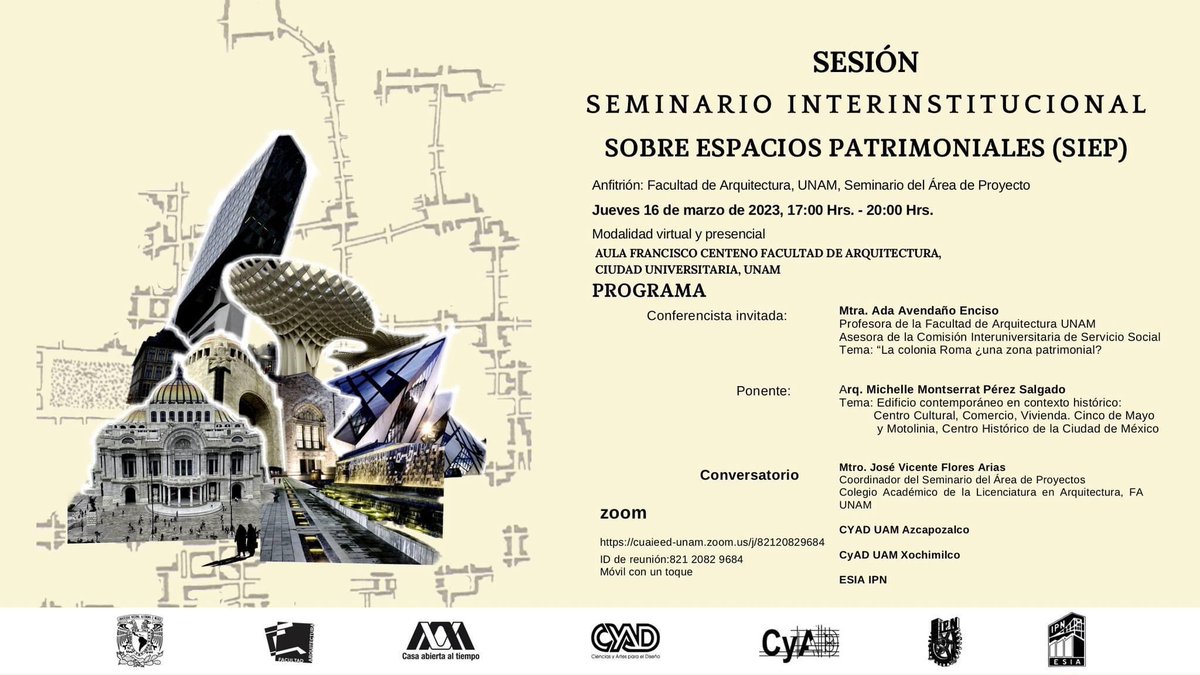 faunam_mx's tweet photo. Seminario interinstitucional sobre espacios patrimoniales
📍 Aula Francisco Centeno de la FA
📆 Próximo jueves 16 de marzo
🕰 A las 17:00 hrs.
🎥 Transmisión por #ConectaFA 👉🏽 https://t.co/WEAtBoSrNc https://t.co/QJq0aYy6a1