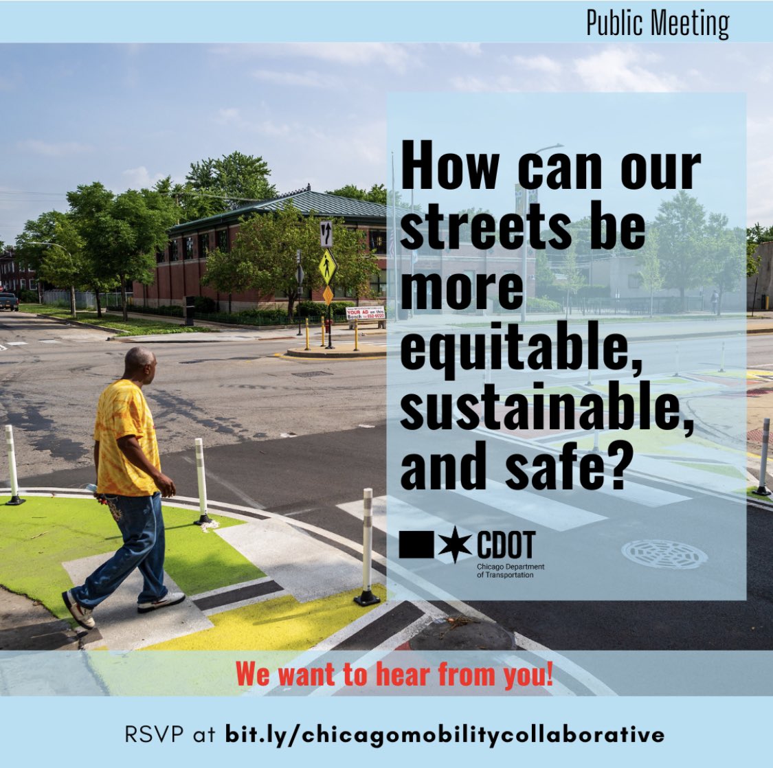 Happy #MobilityMonday Chicago! 
🛑 You’re cordially invited to join the Chicago Mobility Collaborative hybrid meeting on Thurs. March 16 from 6-7:30 pm, and participate in one of the three Community Tables including a #walkshop! 🚸
💻 bit.ly/chicagomobilit… to 👀the full agenda.