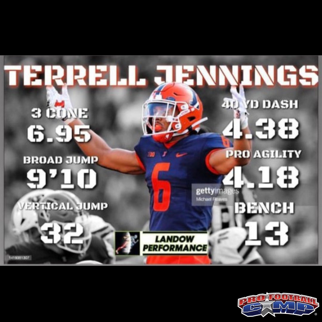 ProFballCamp's tweet photo. Congratulations to Terrell Jennings @BLUESTRIPRELLO_, Pro Football Camp attendee and volunteer coach, who participated in the University of Illinois’ Pro Day. #LearnFromThePros #profootballcamp #NFL #UniversityofIllinois #TerrellJennings #LandowPerformance https://t.co/Pw95sweuRC