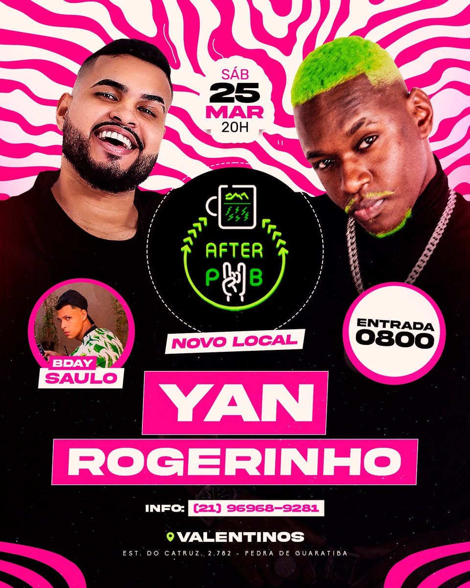 Dia 25 de março reinauguração do After Pub junto com meu aniversário, aguardo todos vocês lá! 🫶🏻

Rogerinho do Querô
Cantor Yan

Entrada franca! 🎟️
Promoções de bebidas no local. 

📍Valentinos - Estrada do Catruz, 2782 - Pedra de Guaratiba