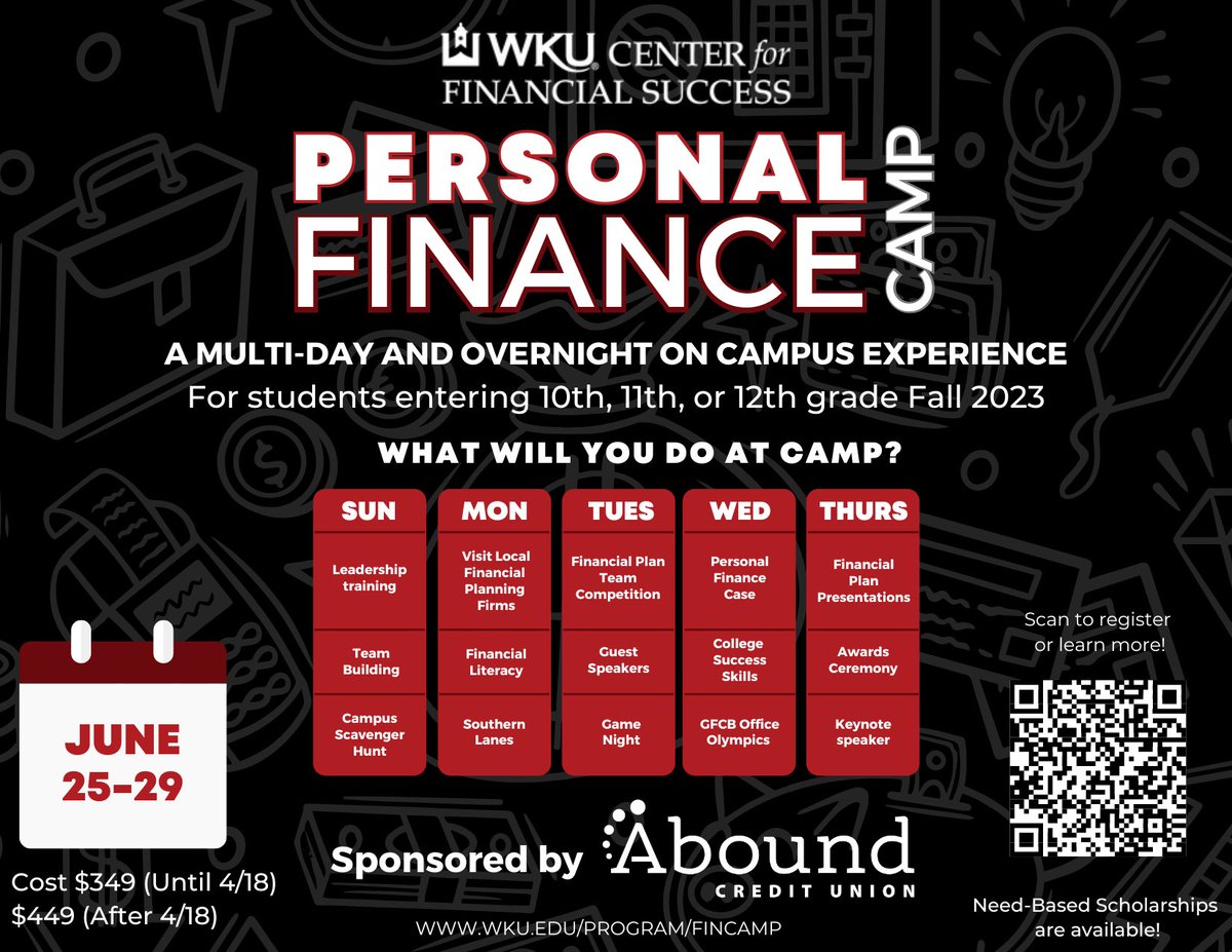 Do you have a student entering 10th, 11th, or 12th grade (or know someone who is) and looking for a summer camp?

Registration for the 2023 WKU High School Personal Finance Summer Camp is open!

To register, visit wku.edu/program/fincamp

#wku #summercamp  <a href="/AboundCU/">Abound Credit Union</a> <a href="/wkufinance/">WKU Finance Dept</a>
