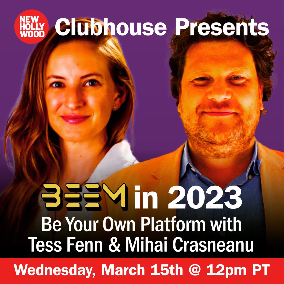 TWR5050's tweet photo. BEEM IN 2023: Be Your Own Platform Tess Fenn➕Mihai Crasneanu 
🎙️Join Us Mar 15th @ 12pm PT / 3pm ET @clubhouse
RSVP: https://t.co/uJ8UXZWal9
Host @theEvetteVargas

#streeming #web3 #film3 #creatortools #platform 
@newhollywoodmovement @theevettevargas @beemxyz @tessfenn @MihaiC https://t.co/nxEb3zgffa