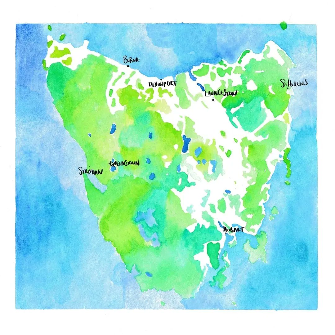 Tasmania! 🗺️⁠

This is such a lovely one to look back on.. I think there's just something naturally pleasing about Tasmania's shape as a map, nice and balanced! I started playing around with watercolour background and then a digital overlay for navigation..
