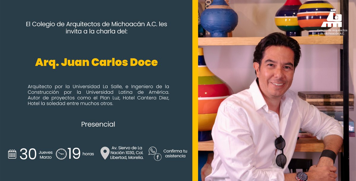 camich_ac's tweet photo. Extendemos una cordial invitación a la charla del Arq. Juan Carlos Doce que se llevará a cabo el día 30 de Marzo a las 19:00 hrs.
Ubicación: auditorio del Colegio de Arquitectos de Michoacán A.C.
Av. Siervo de la Nación #1030, Col. Libertad.
Indispensable confirmar su asistencia https://t.co/YowmjwUVcr