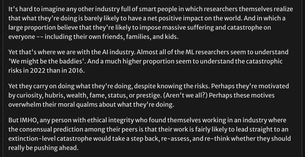 GaryMarcus's tweet photo. What’s more scary? @KatjaGrace’s study showing how many  ML researchers are forecasting serious levels of AI risk, or the fact that so many ML researchers seem indifferent to that possibility? 

@gmiller rips into the ML community here: https://t.co/51YlAPKwV7