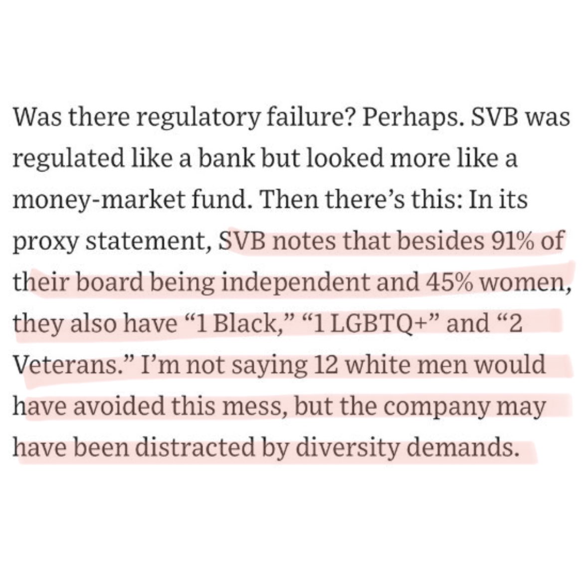 1. Bankers lobby for deregulation.

2. Politicians deregulate bank.

3. Bank collapses due to lack of regulation.

Wall Street Journal: This is clearly the fault of non-white males.

WSJ screaming the quiet part loud &amp; going full blown white supremacy. Absurd.