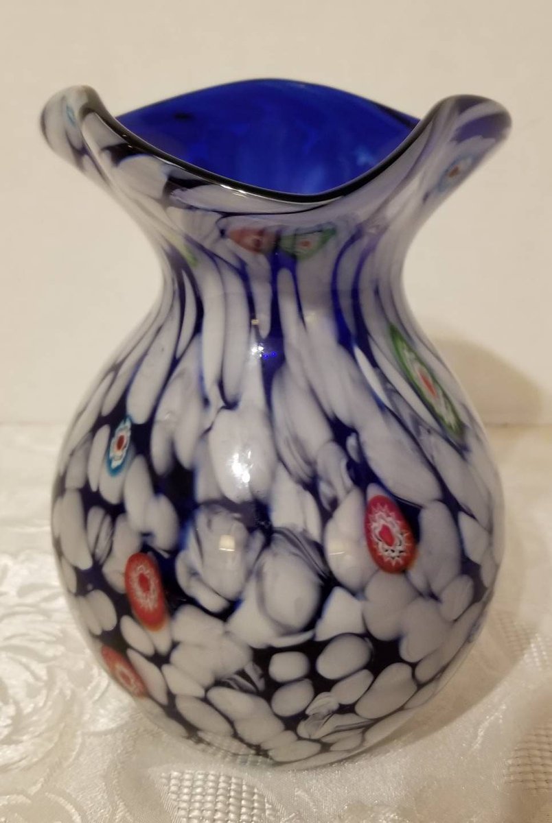 Excited to share the latest addition to my #etsy shop: Murano Millefiori Cased Cobalt Blue Ruffletop Vase etsy.me/428oR9b #fentonglass #indiana #smith #wright #carnivalglass #collectableglass #fenton #viking #murano