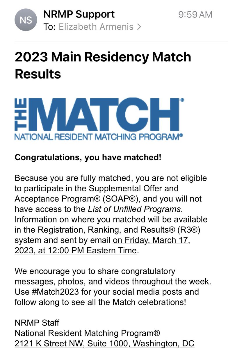 ElizabethArmeni's tweet photo. Matched into pediatric residency!!! Still so surreal! These past 4 years have been so stressful as a non-traditional USIMG who was told many times that I would never get into residency! Beyond grateful and humbled to receive this email ❤️🙏🏼 #PedsMatch2023 #match2023 https://t.co/LGjQxrqNFZ