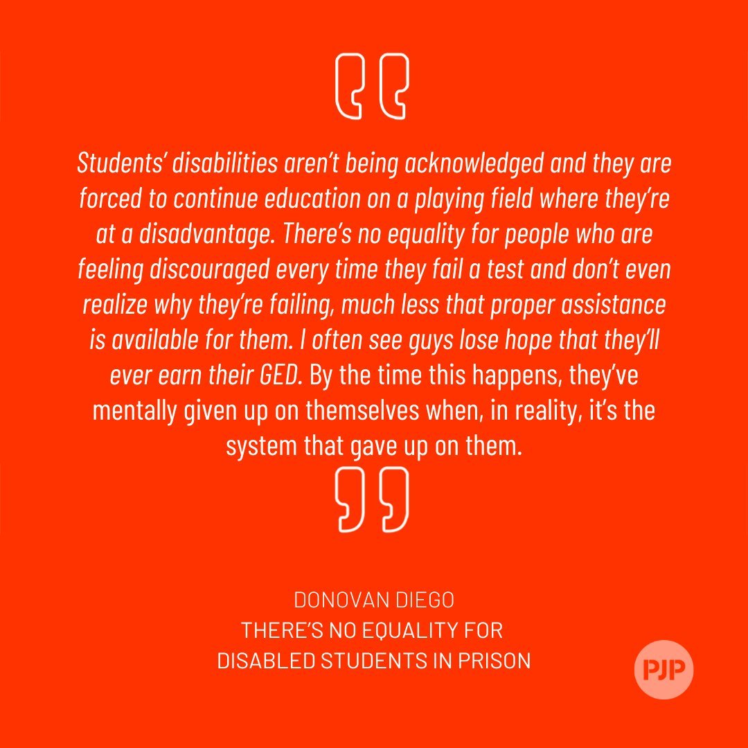Donovan Diego works as a GED tutor at the Minnesota Correctional Facility in Stillwater, where incarcerated students with disabilities have long faced discrimination and been denied special support and accommodations. Read more: prisonjournalismproject.org/2023/03/13/min…