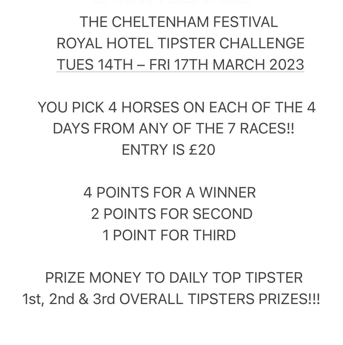 We have a record amount taking part in our #Cheltenham2023 tipster challenge 
Over 220 taking part this year 👏🏻👏🏻👏🏻
Thank you to each & everyone of you taking part 🏇🏼🏆💰 #RecordYear