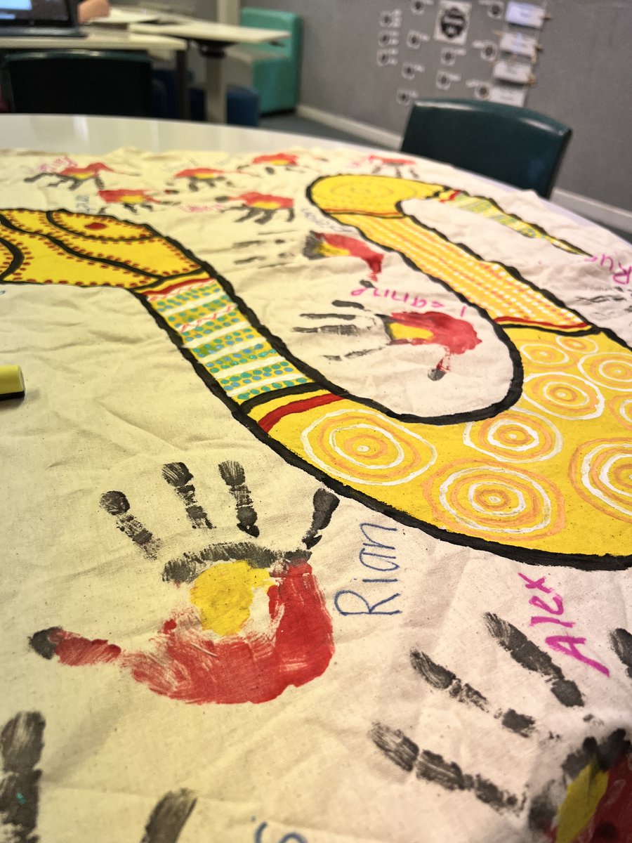 KayleeWarren711's tweet photo. A beautiful handmade artwork created by a rural school of 40 students to celebrate Indigenous culture. This was a very heartwarming activity I took part in as it was clear the students had an understanding of my culture and were very keen to learn more. #ACUedu_p https://t.co/fdVXj3QboL