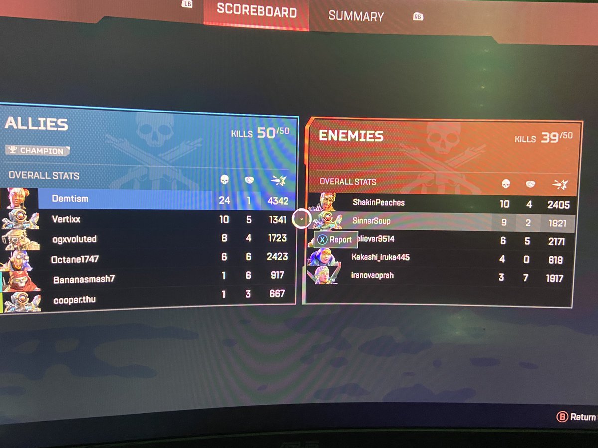 Demtism's tweet photo. Kinda cringe posting a screenshot but cmon, that’s like half the lobby I took care of in a TDM. Even better when my own team tried to smack talk 😂 #ApexLegends #aimassistoff https://t.co/GvEw5dQzQn